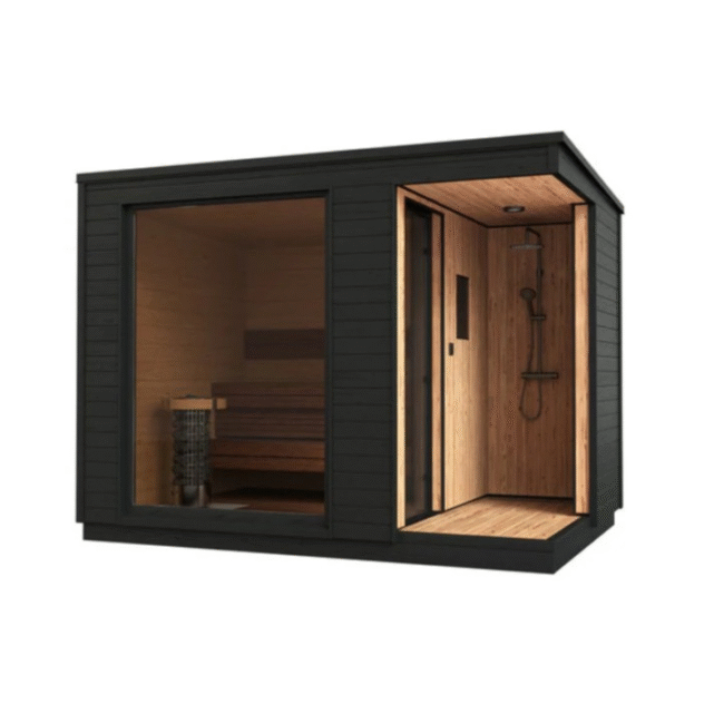 outdoor sauna with shower