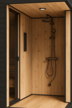 traditional outdoor sauna with shower _shower area